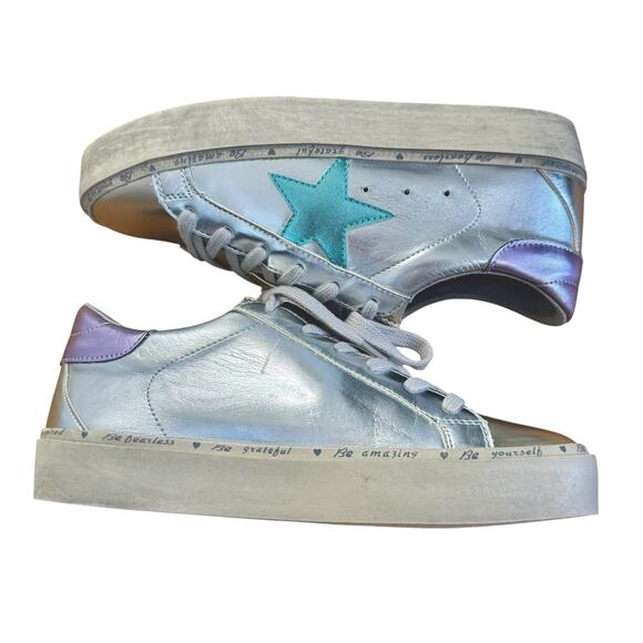 SHU SHOP Petula Platform Sneakers Metallic Silver Gold Stars Vegan Leather Sz 8 - Picture 8 of 13